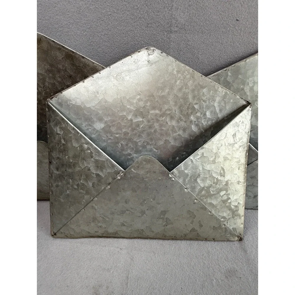 Set of 3 Galvanized Metal Envelope Wall Pockets Rustic Industrial Mail Sorters